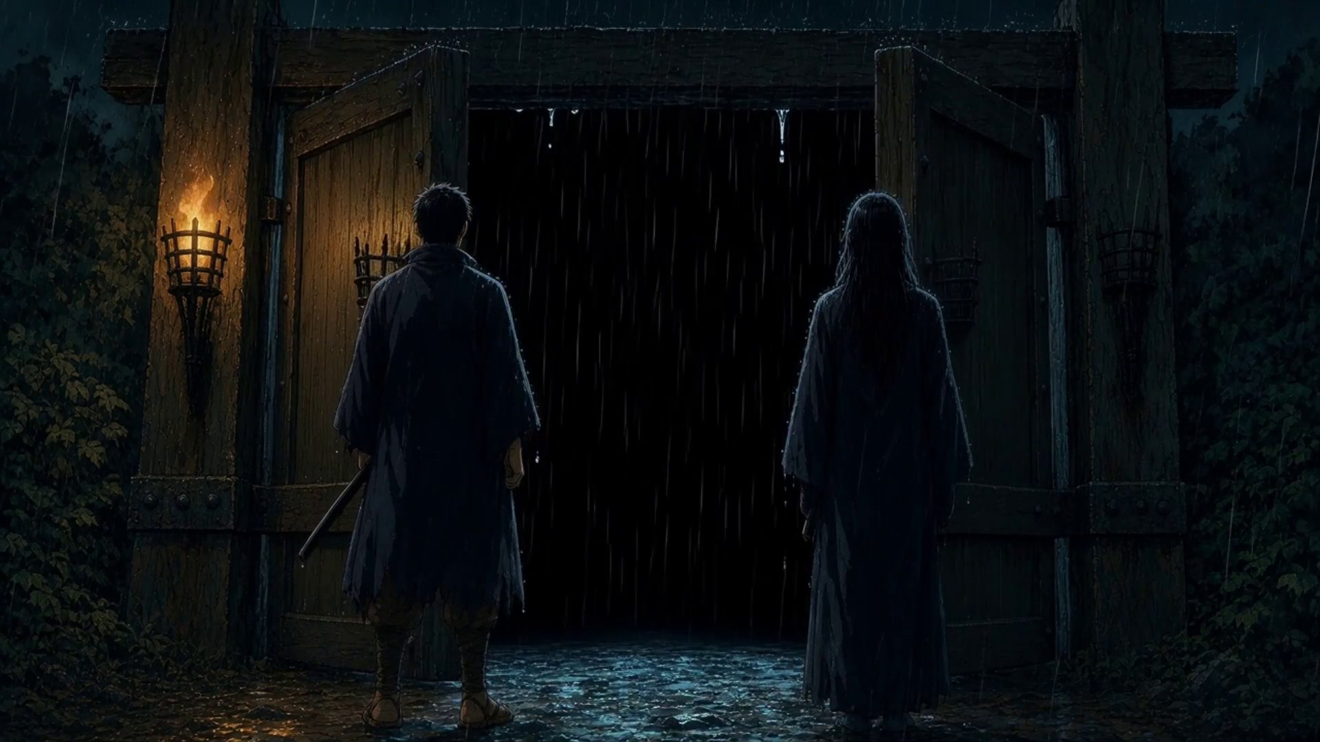 Iori and Shizuka at the shut gates of a mountain manor in the rain